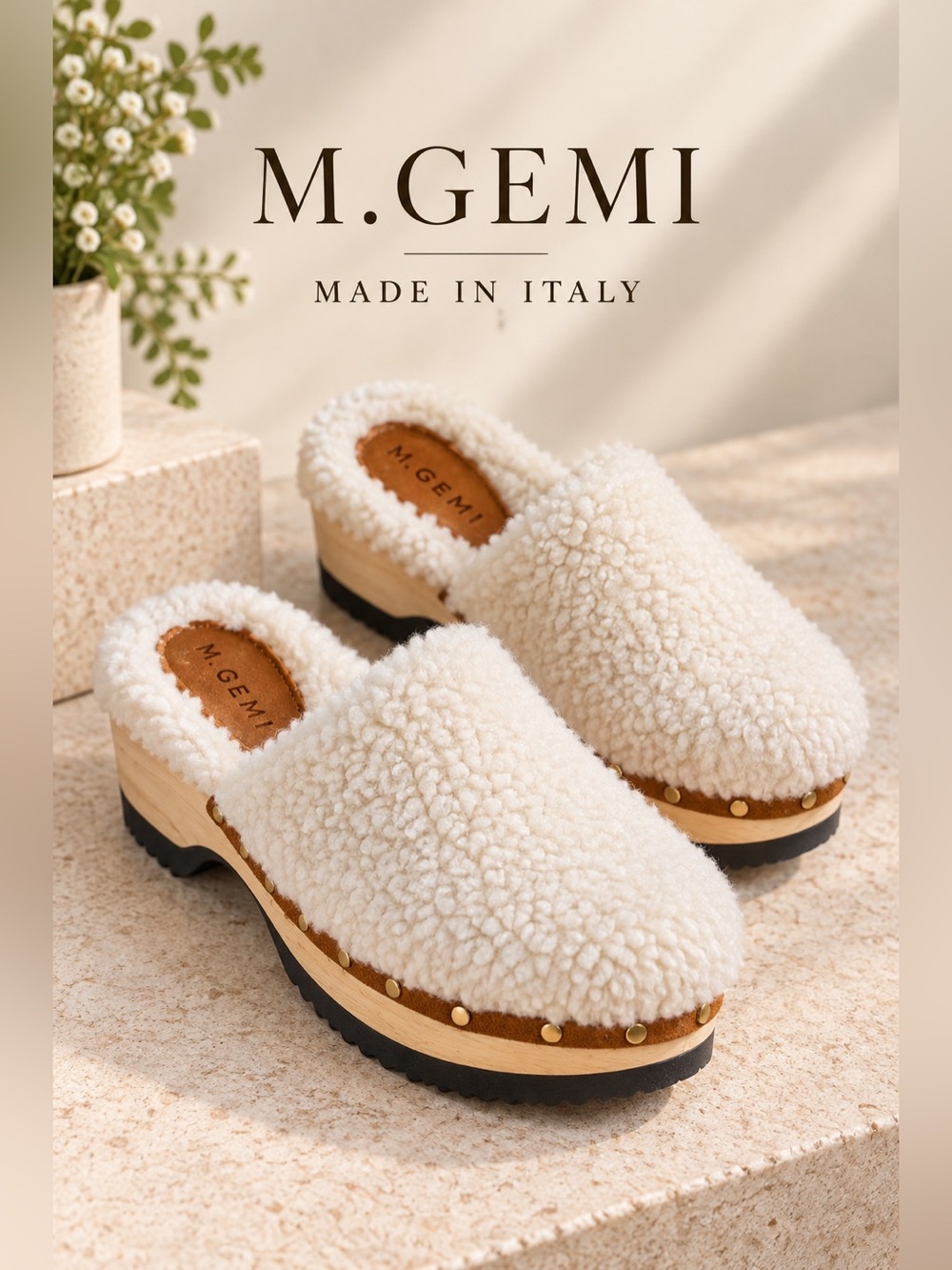 M.Gemi Ivory Shearling Wood Clog Mules Size 37